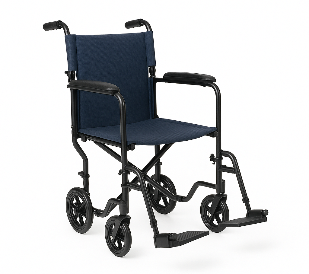 Lightweight transport wheelchair with black aluminum frame, dark blue seat, solid wheels, and foldable design for easy travel.