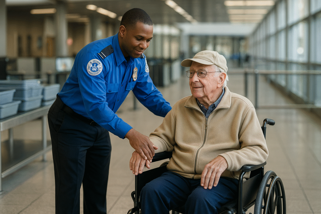 TSA security agent assisting a senior in a wheelchair during airport travel