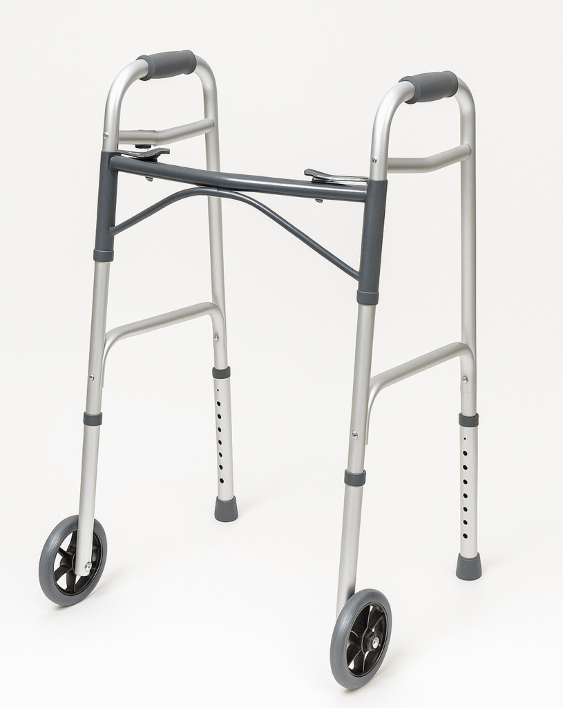 Lightweight two-wheel walker with aluminum frame, rubber grips, and adjustable height legs for seniors needing added mobility support.
