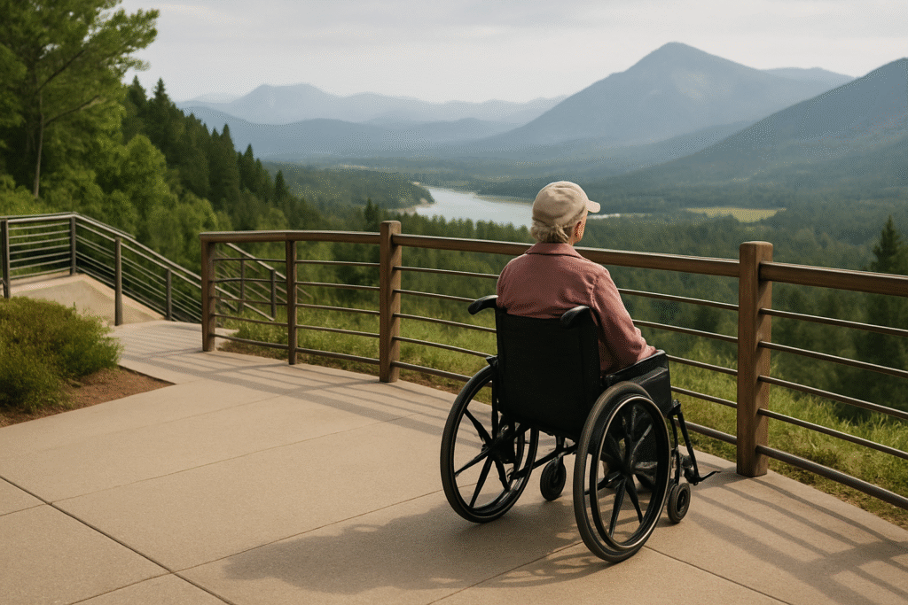 Senior traveling with a wheelchair at a scenic overlook, enjoying an accessible outdoor destination