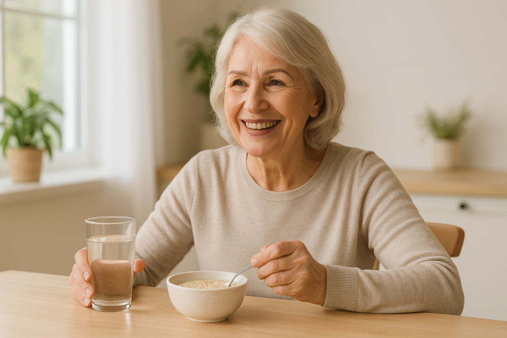 senior woman enjoying healthy breakfast with water and oatmeal, representing the best daily fiber supplement for constipation in 2025