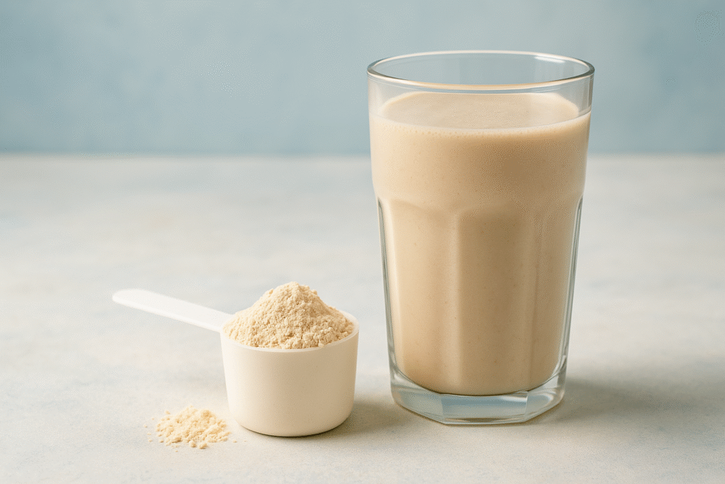 best protein powders for seniors displayed as a creamy shake with a scoop of powder on a light blue background representing healthy aging and senior nutrition