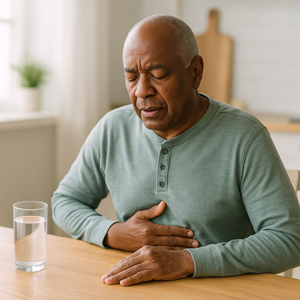 senior man holding his stomach with water on the table, illustrating digestive changes and constipation in seniors