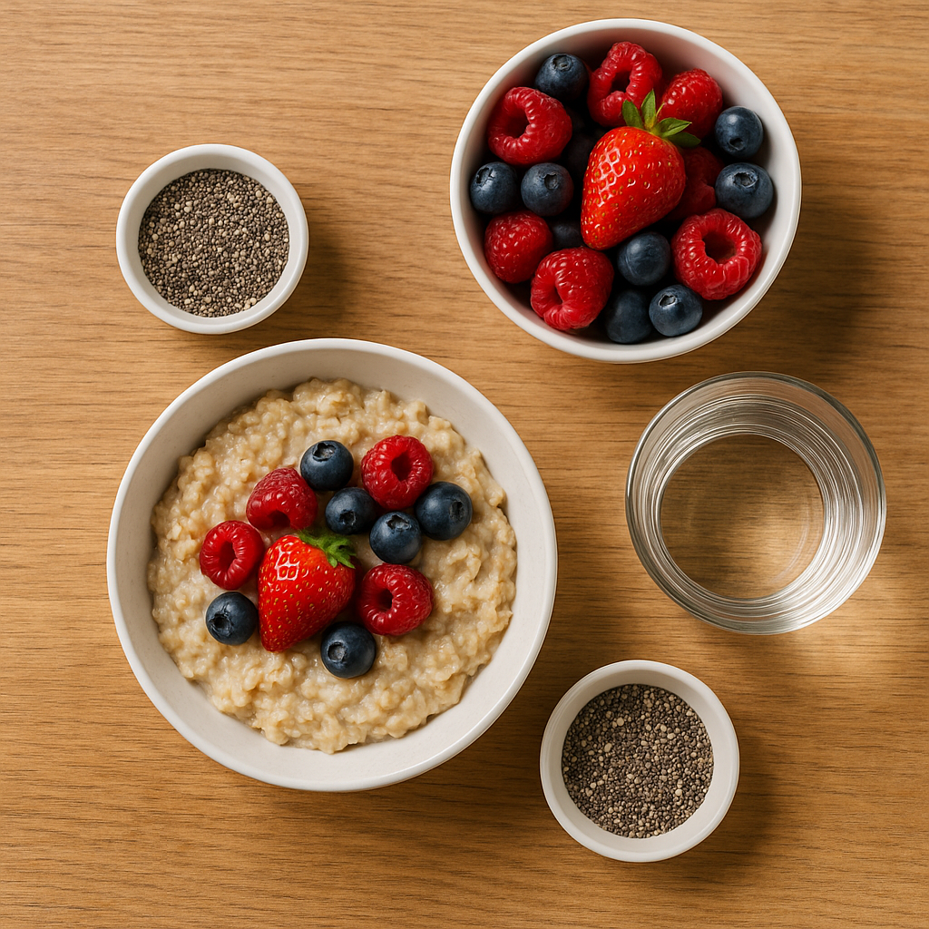 high-fiber foods for constipation in seniors including oatmeal, fruit, and chia seeds on a breakfast table