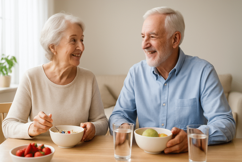 diverse elderly couple enjoying breakfast with oatmeal and fruit in a bright kitchen, illustrating a healthy morning routine for constipation in seniors