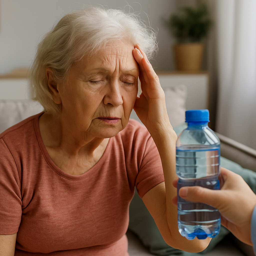 Older adult feeling dizzy while caregiver offers a glass of water, illustrating dehydration risks in seniors.