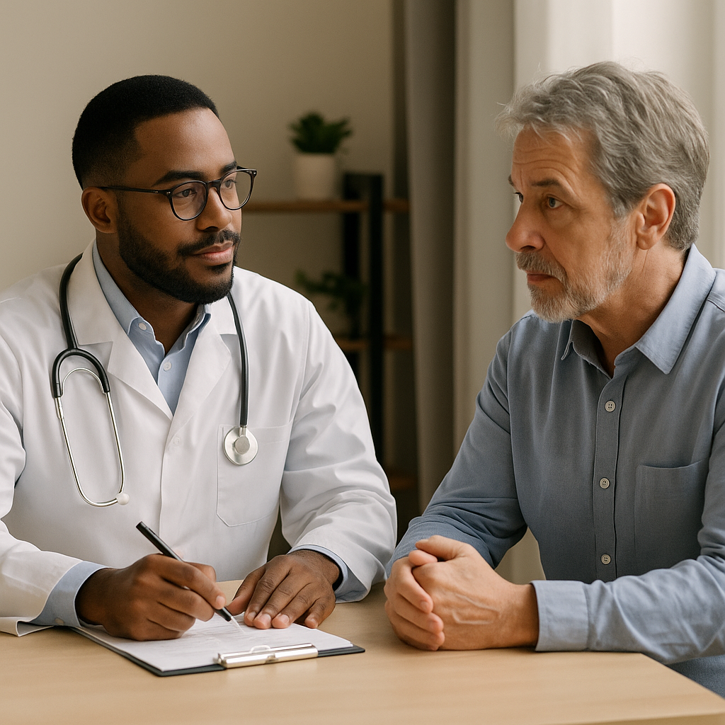 Older adult consulting with doctor about dehydration, showing care and awareness of hydration needs.