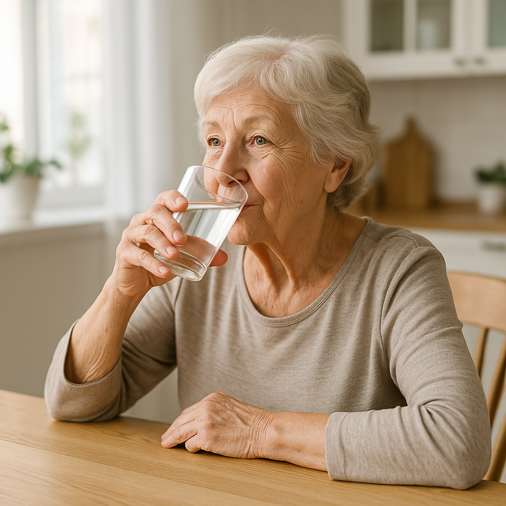 Senior woman drinking water at a kitchen table, showing healthy hydration habits and wellness.