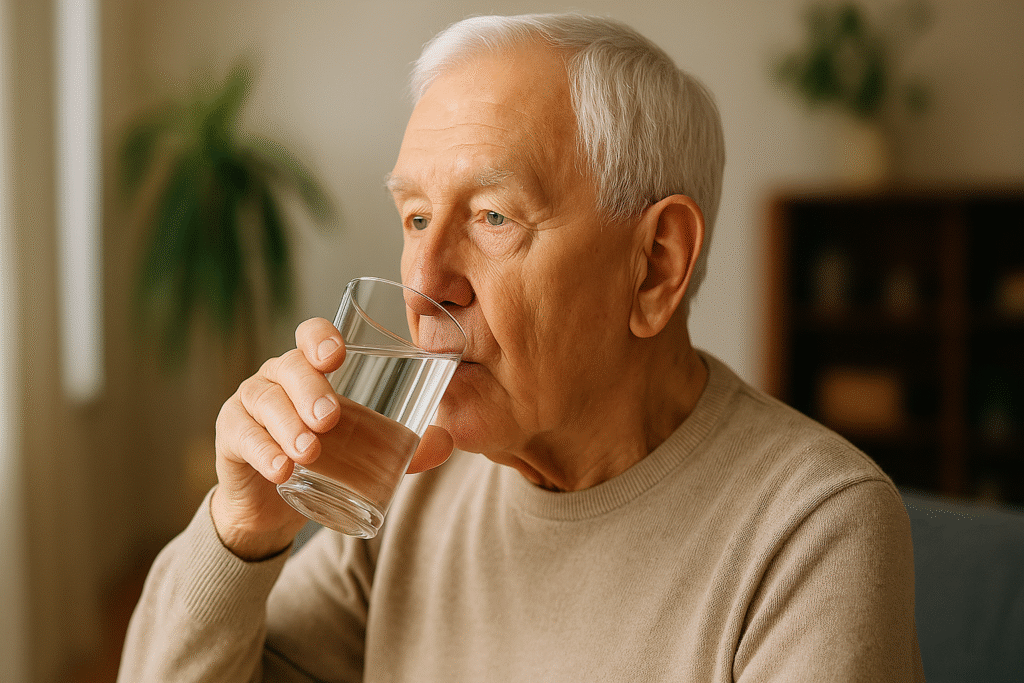 Elderly man drinking a glass of water in warm sunlight, symbolizing hydration for seniors and healthy aging.
