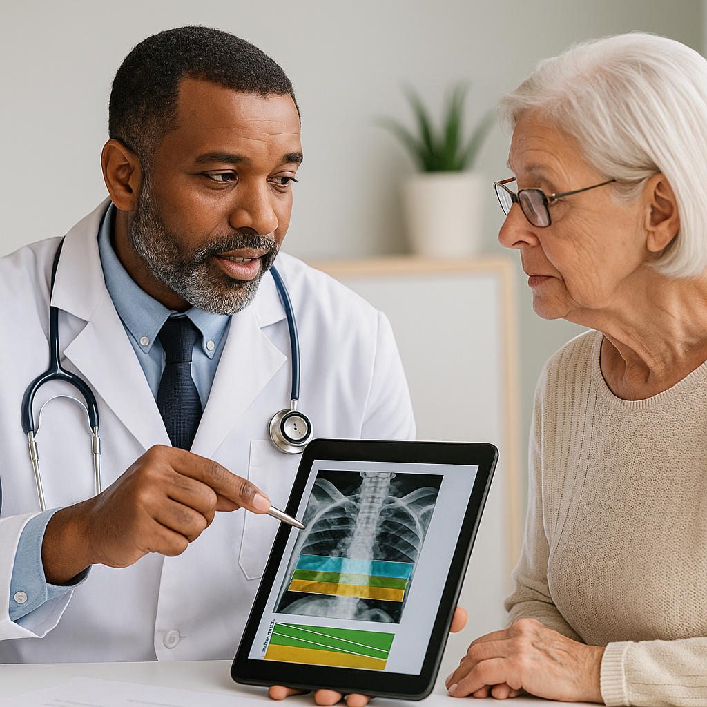 doctor reviewing bone density scan with senior patient