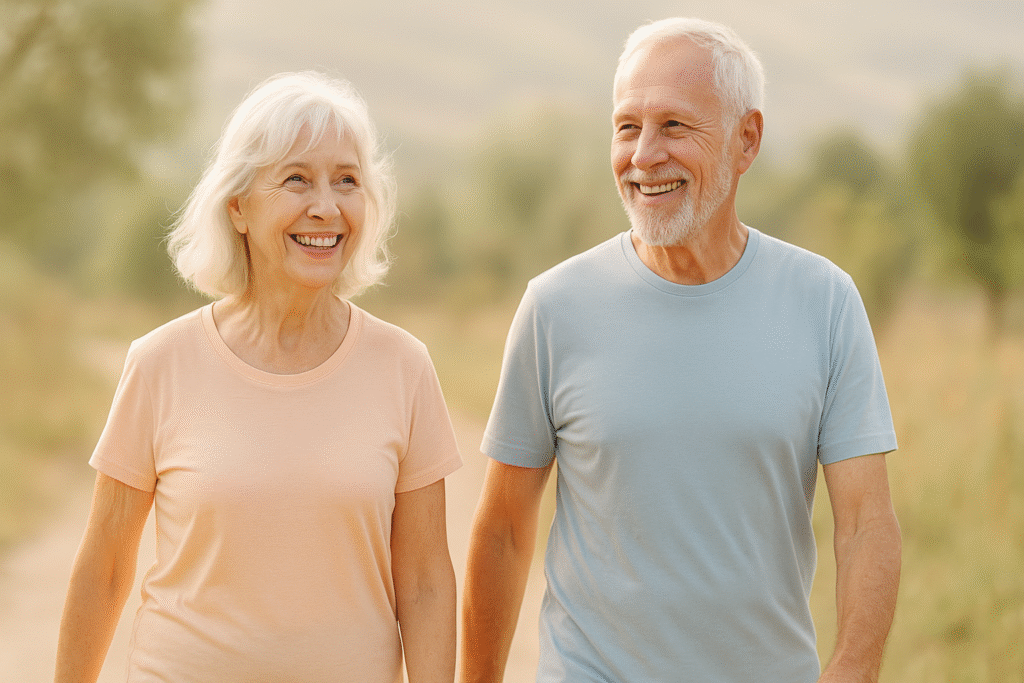 active senior couple walking outdoors promoting bone health for seniors