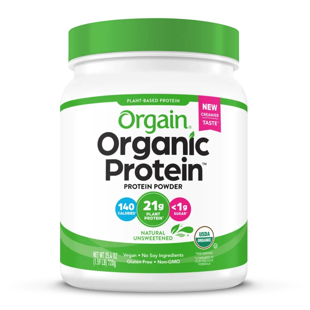 best plant-based protein powder for seniors – Orgain Organic Vegan Protein Powder with 21 grams of protein and added prebiotic fiber for digestive support