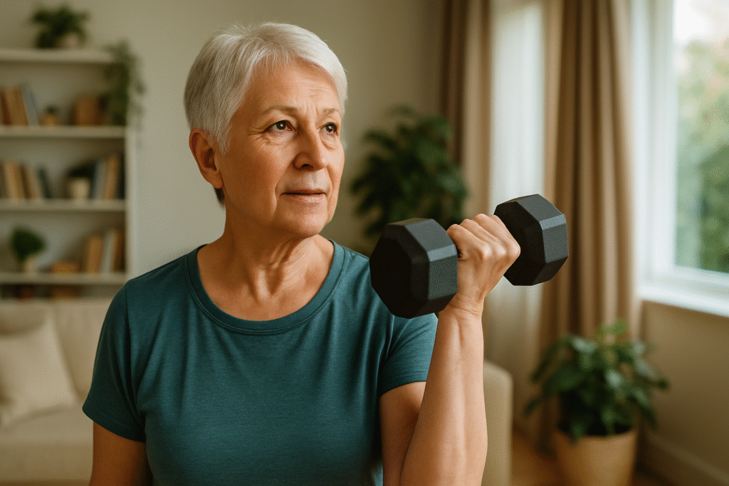 senior woman exercising outdoors to maintain strength and mobility through protein for elderly nutrition
