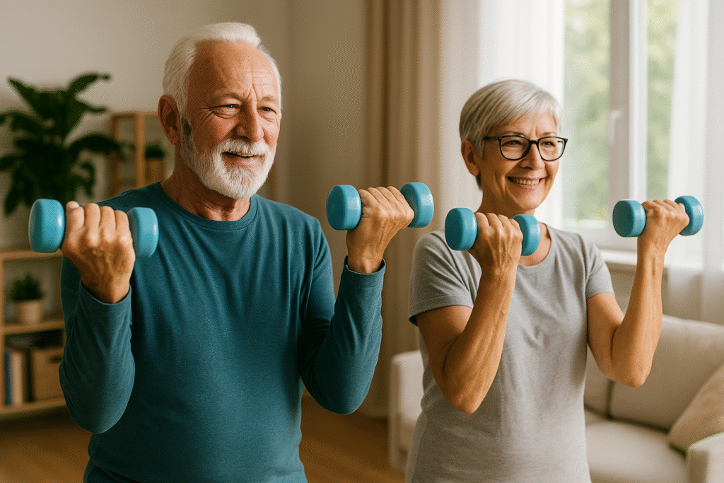 Elderly adults exercising to preserve muscle strength through proper protein intake.