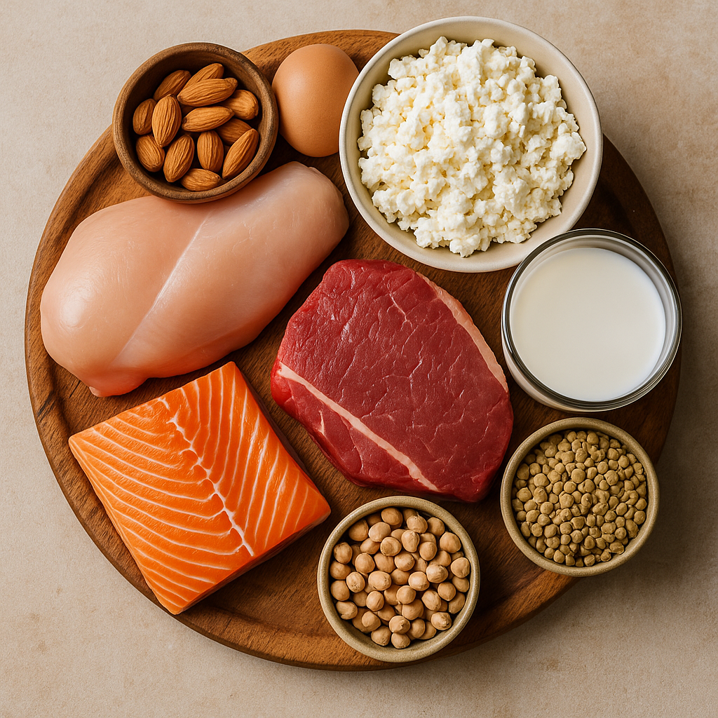 Balanced meal with fish, eggs, and lentils providing high-quality protein for seniors.