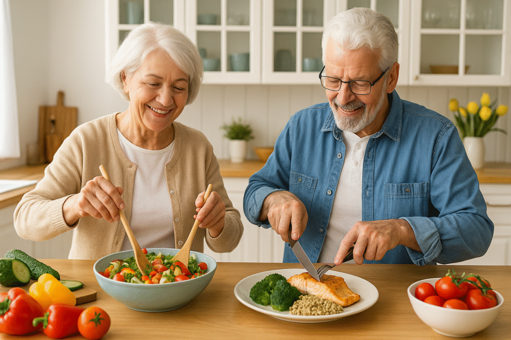 senior couple cooking a healthy balanced meal representing nutrition for elderly adults