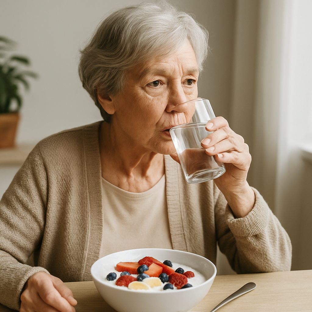 Senior woman drinking water with a high-protein breakfast to support healthy aging.
