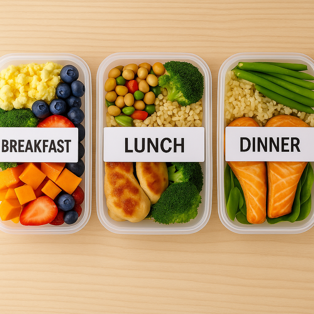 three labeled meal prep containers for breakfast lunch and dinner fully visible showing healthy balanced meals for seniors