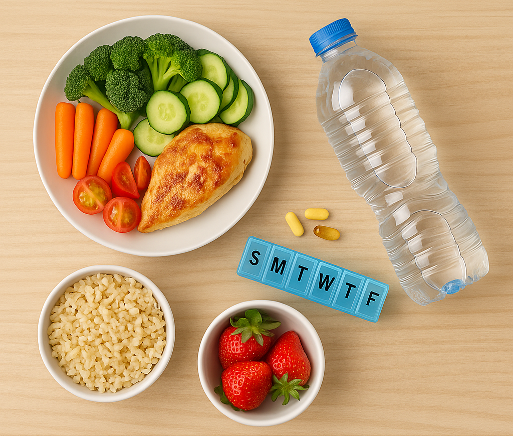 balanced meal with vegetables chicken brown rice strawberries water bottle and pill organizer flat lay for seniors