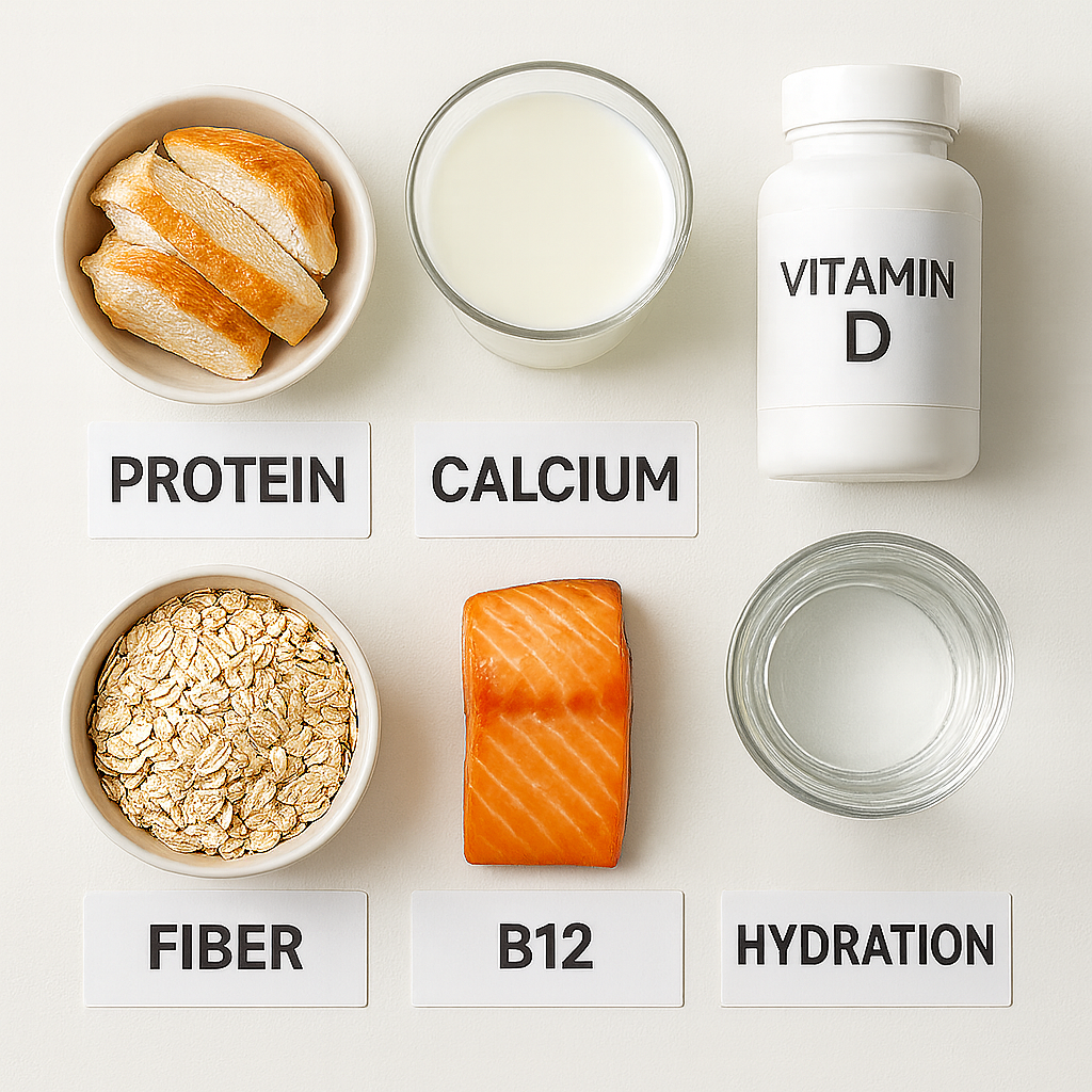 flat-lay of nutrient sources for seniors showing protein, calcium, vitamin D, fiber, vitamin B12, and hydration for healthy aging