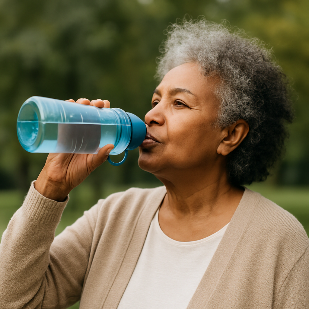 senior woman drinking water from a clear bottle outdoors promoting hydration for elderly adults
