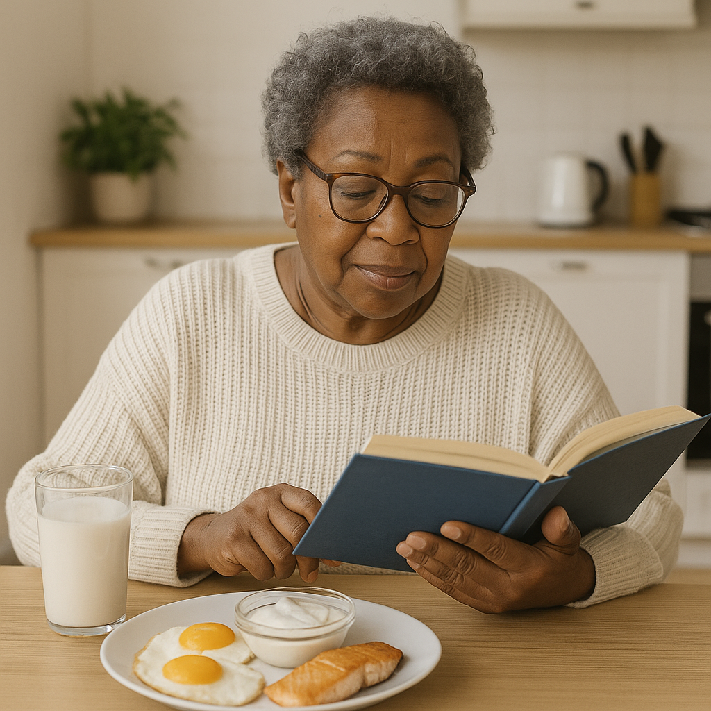 older adult reading at breakfast table with foods rich in vitamin B12 for seniors