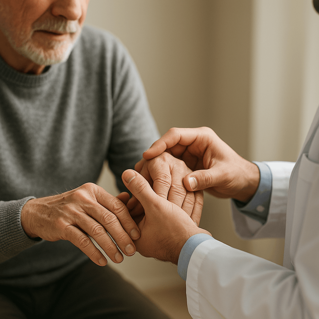 Doctor examining senior’s hands for vitamin B12 deficiency symptom