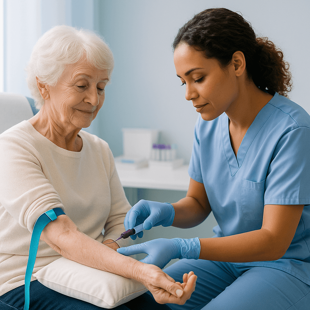 Elderly woman having blood drawn for vitamin B12 testing 
