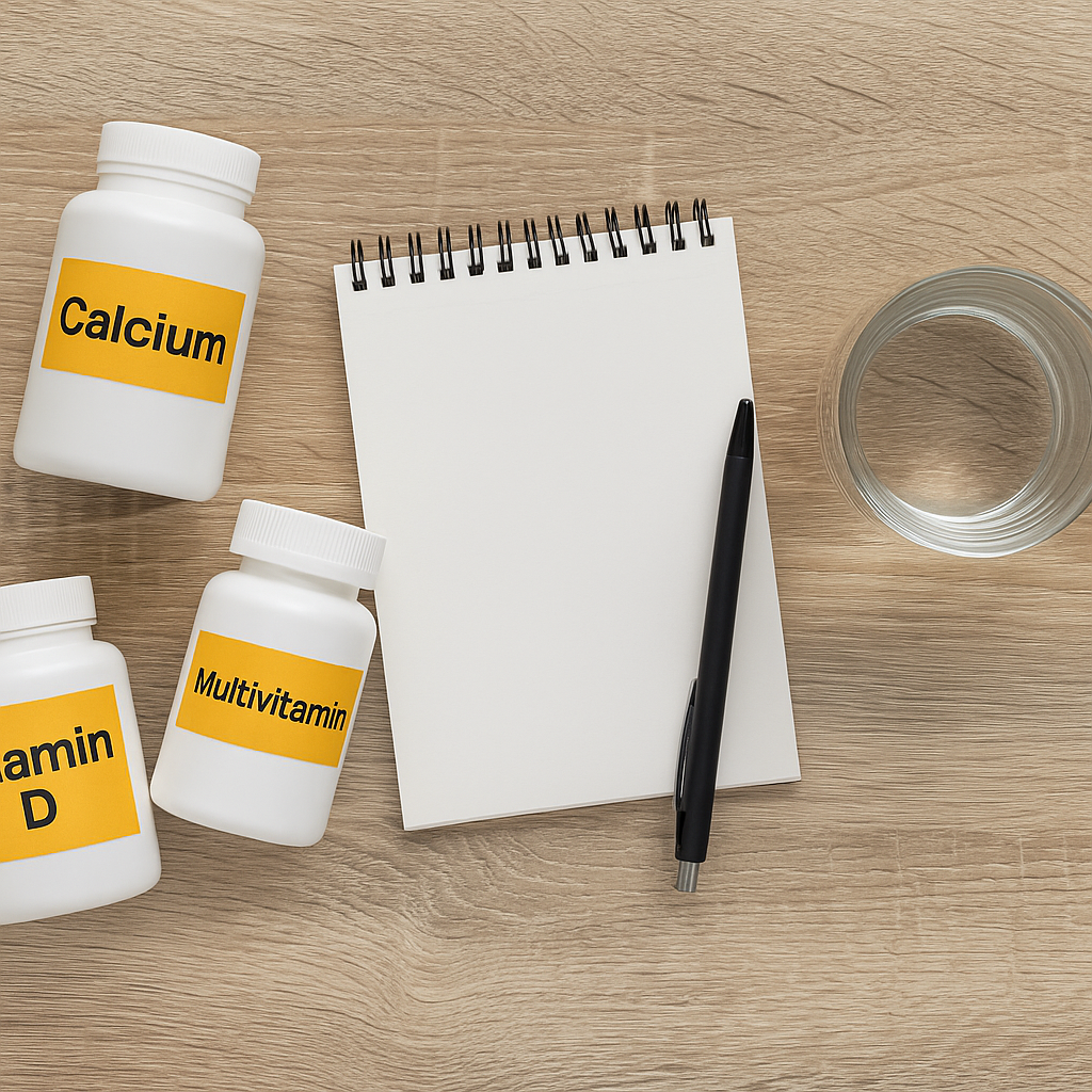 flat-lay of vitamin bottles, notepad, and water glass illustrating safe supplement use for seniors