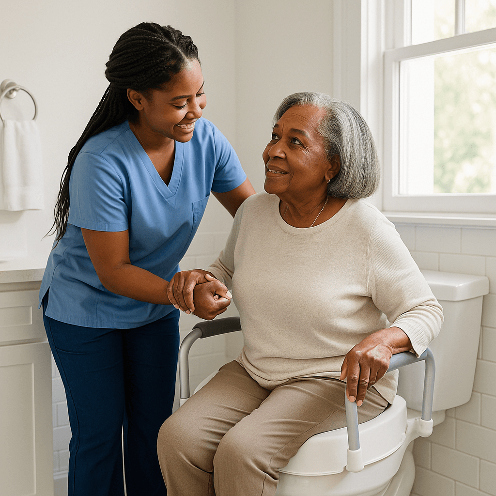 senior woman using raised toilet seat with caregiver help