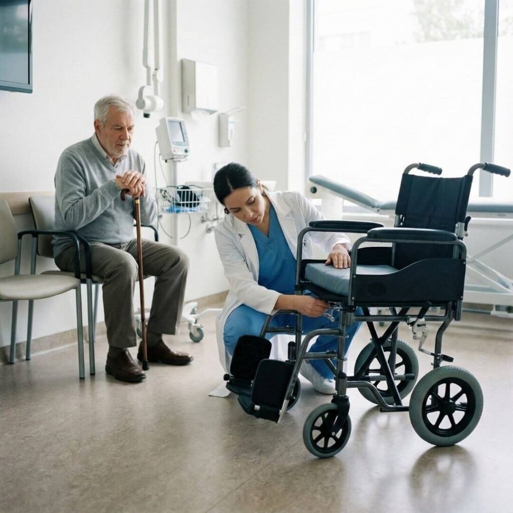 Doctor assessing a transport wheelchair with a senior patient in a clinic.