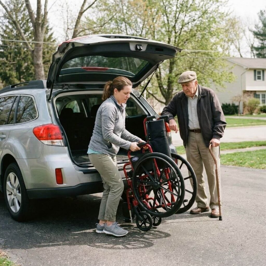 Caregiver helping a senior with a lightweight transport wheelchair near a car.