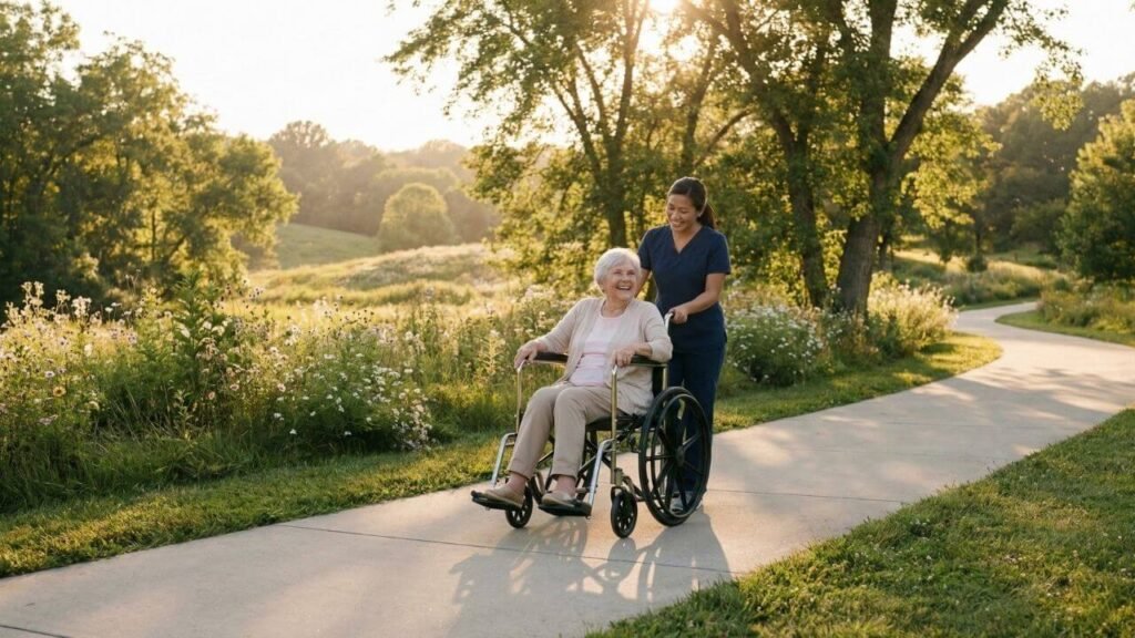 Senior being pushed in the best transport wheelchairs for seniors outdoors by a caregiver.