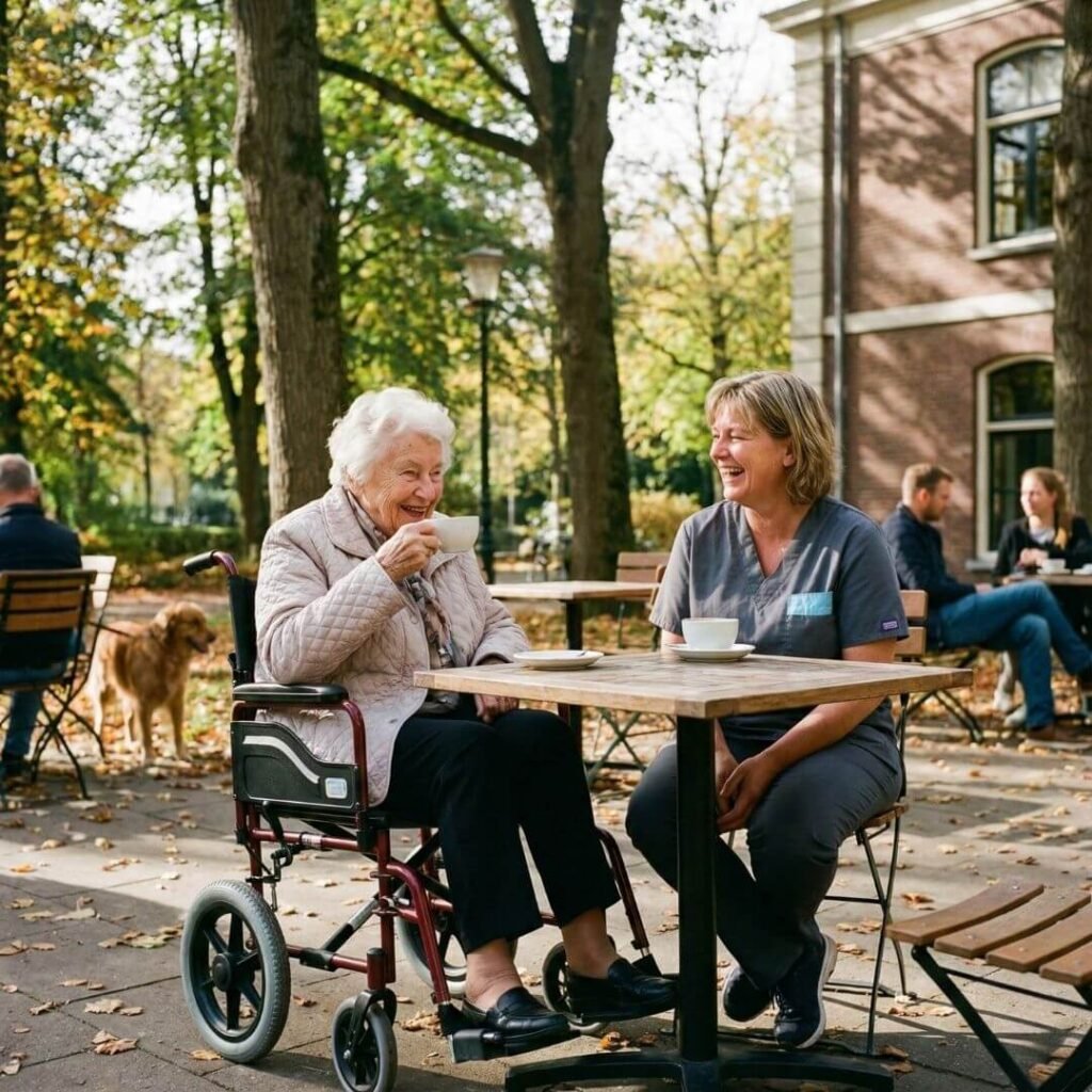 Senior in a transport wheelchair enjoying an outing with a caregiver.