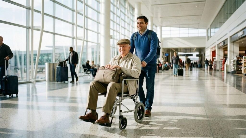 Senior man in a lightweight travel wheelchair being assisted through an airport, illustrating the best travel wheelchairs for seniors. 