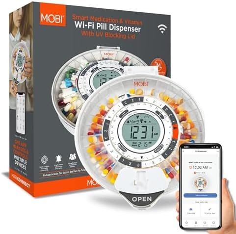 MOBI Connect smart automatic pill dispenser for seniors with UV-protective lid, voice alerts, and key lock for safe medication storage.