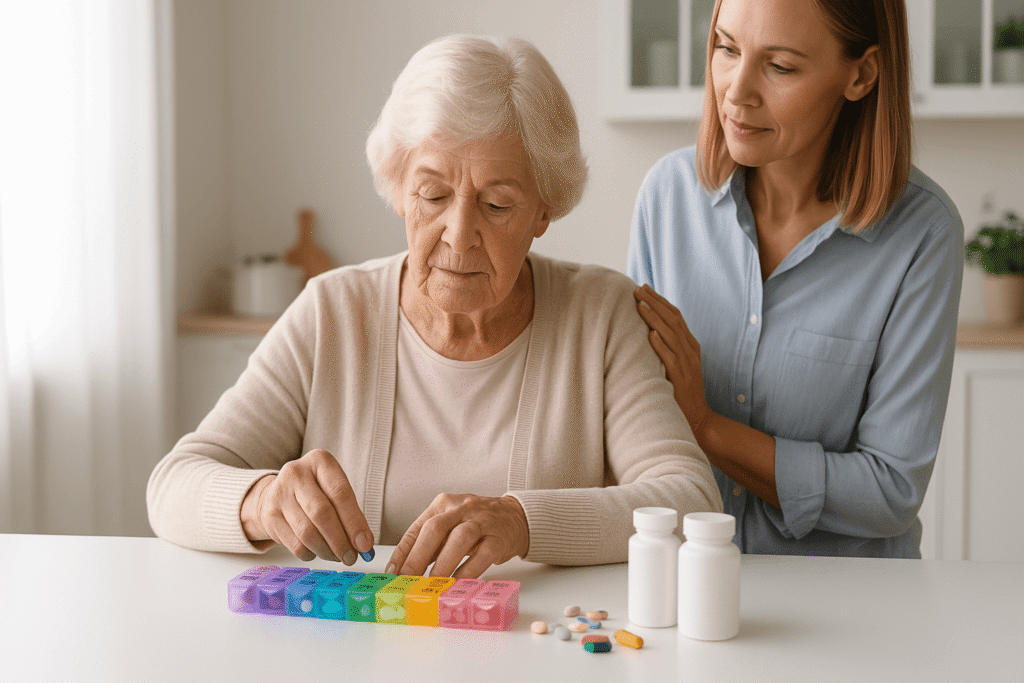 Senior organizing medications using the best pill organizer for seniors at a kitchen table.