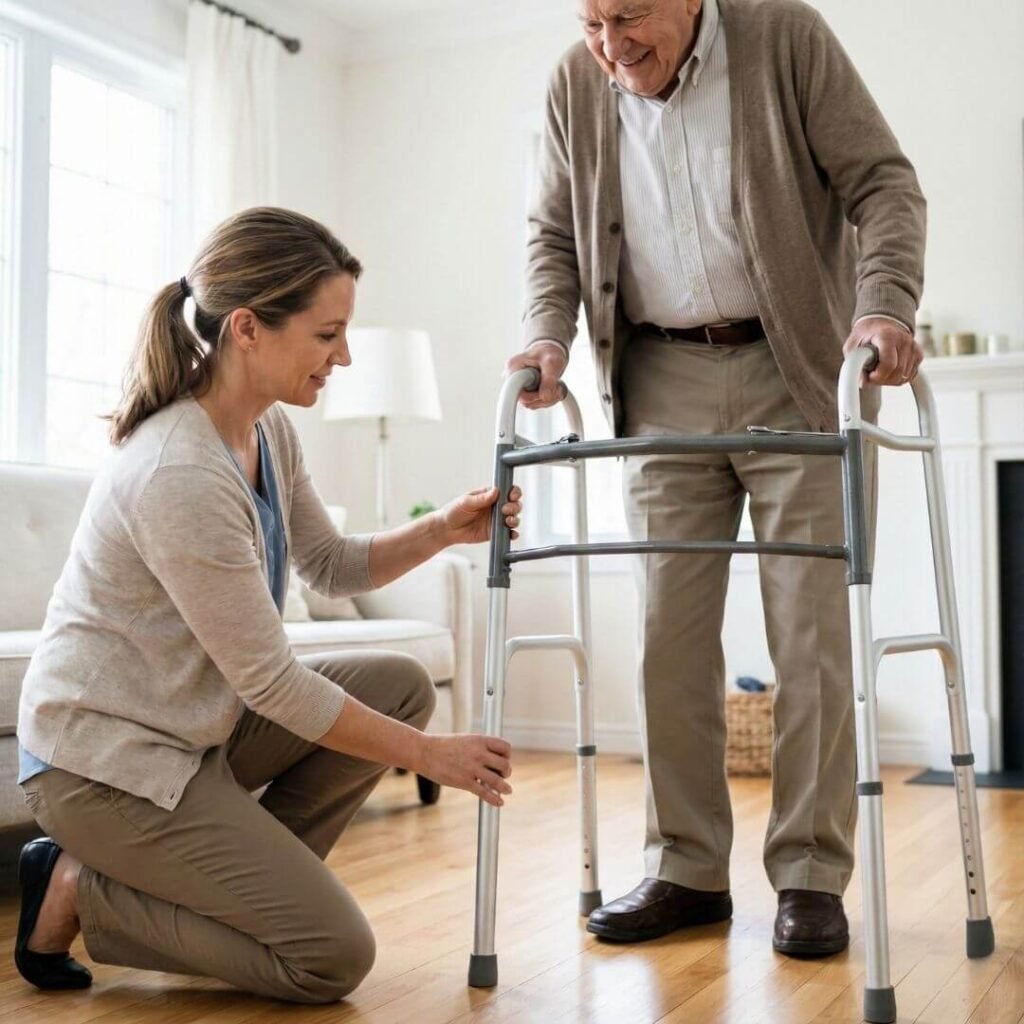 Caregiver adjusting the height of a folding walker for a senior 