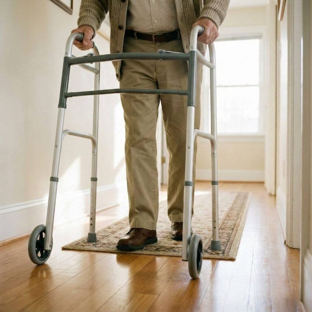 Senior walking with a folding walker that has front wheels 