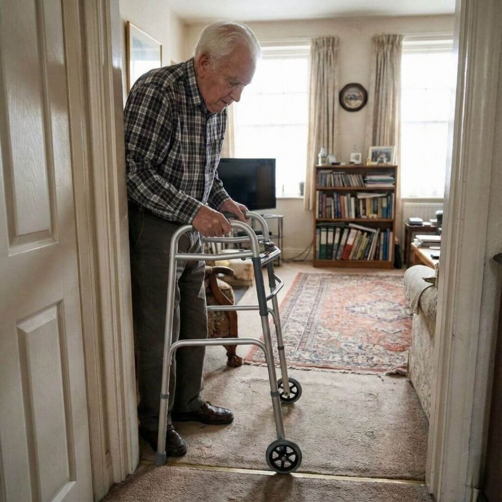 Senior using a narrow folding walker to move through a tight doorway 