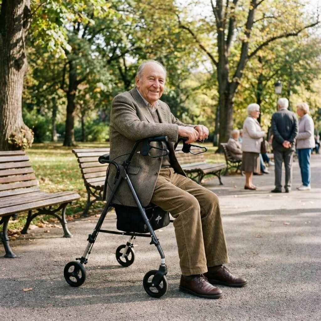 Senior sitting on a foldable walker with built-in seat 
