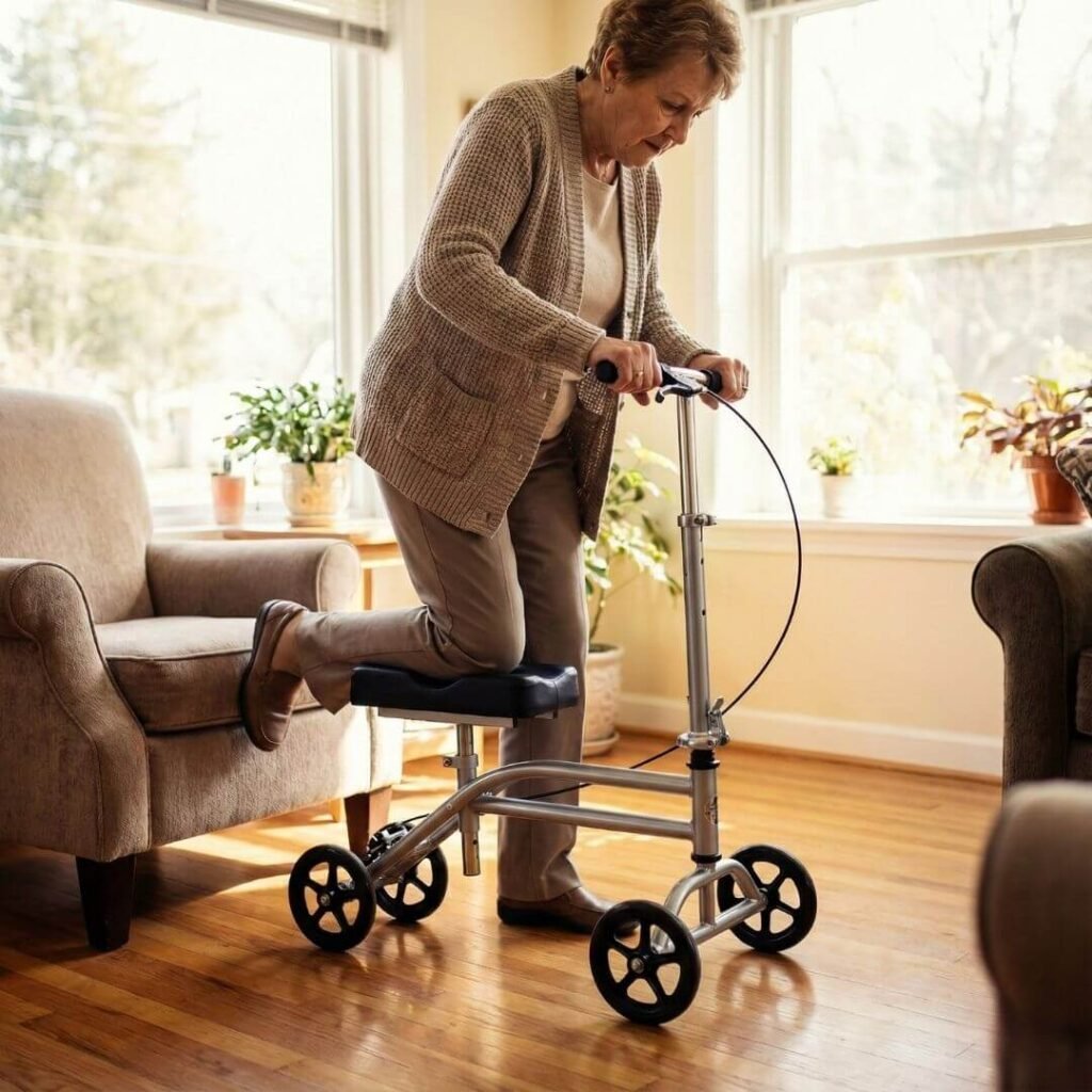 Senior safely using lightweight knee scooter indoors 