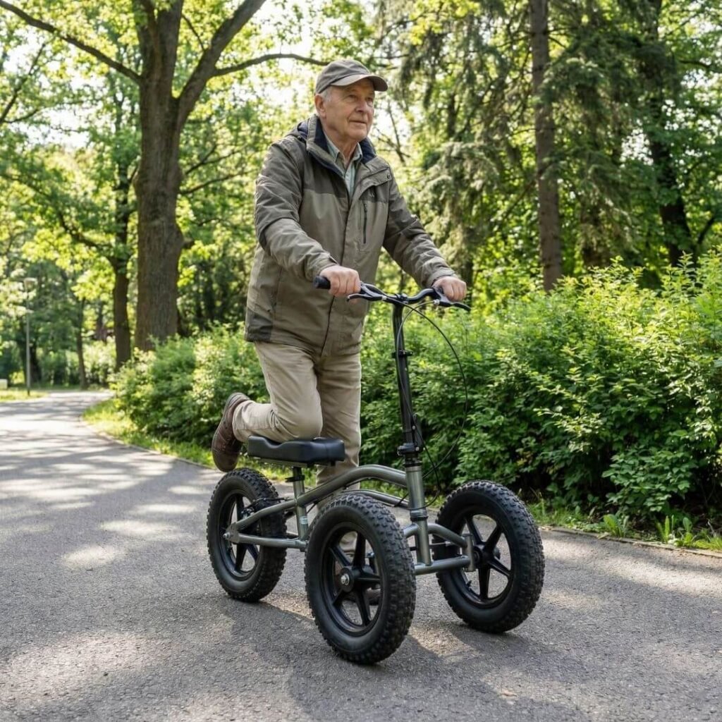 All-terrain knee scooter for seniors on outdoor path 