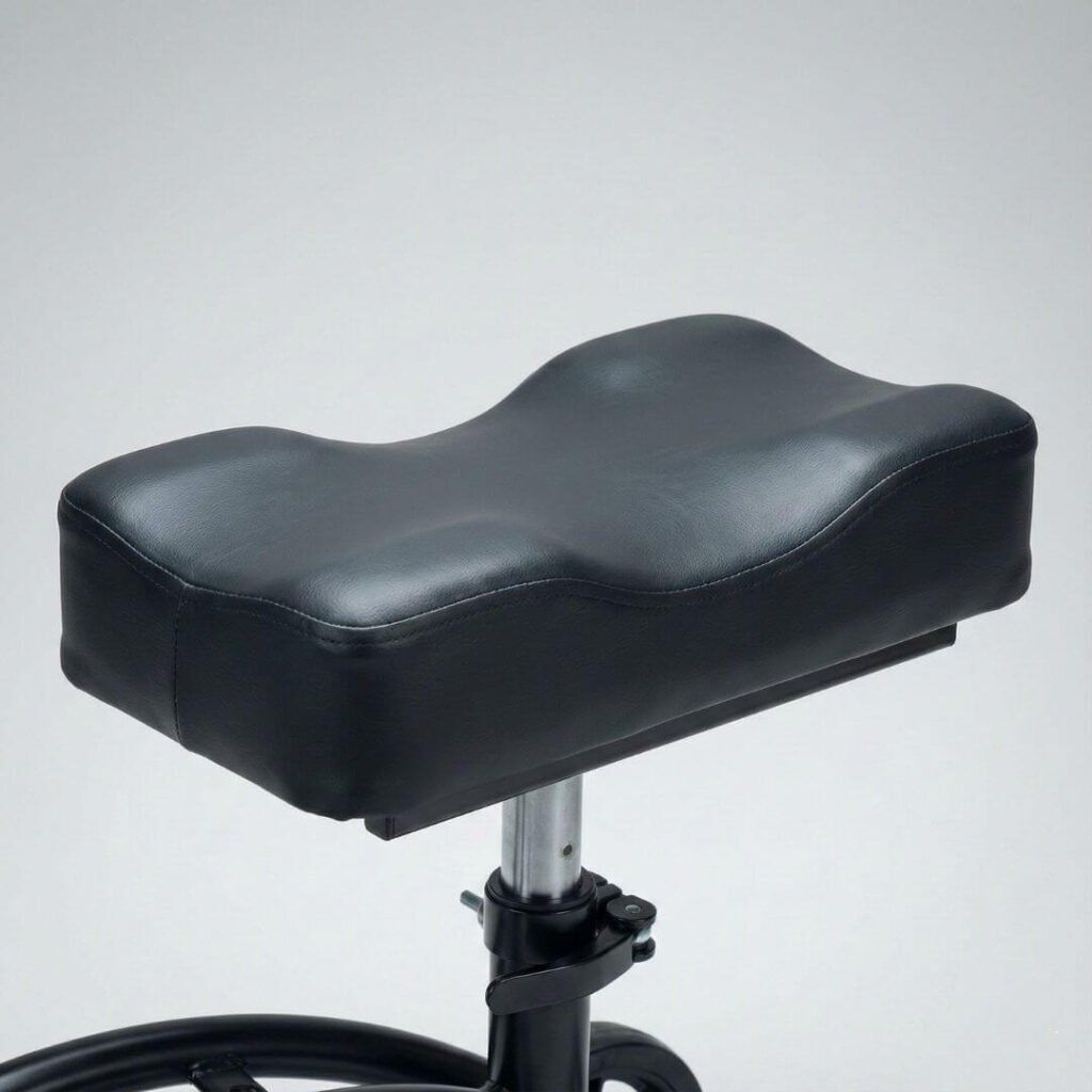 Padded knee rest with ergonomic support on a knee scooter 