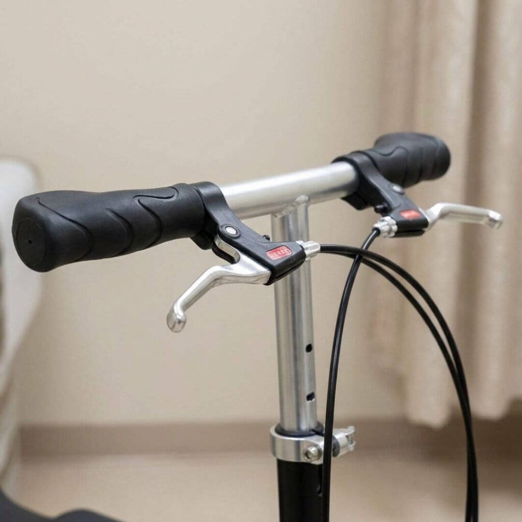 Hand brakes and steering system on senior knee scooter 