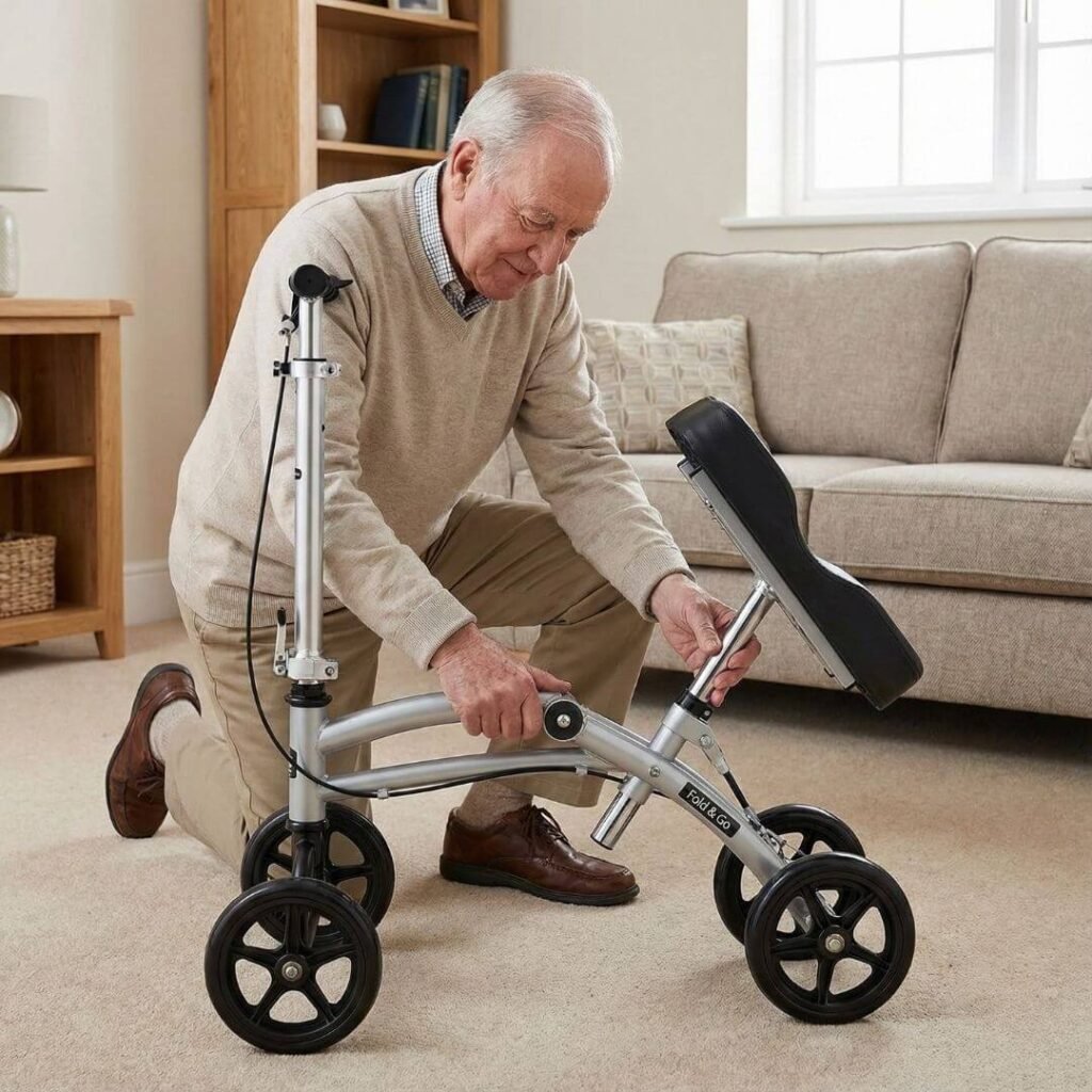 Senior folding a lightweight knee scooter for storage 