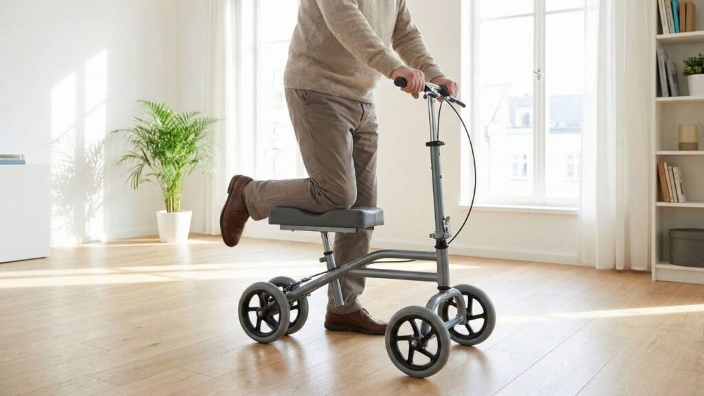 Senior using the best knee scooter for seniors indoors with stable support 