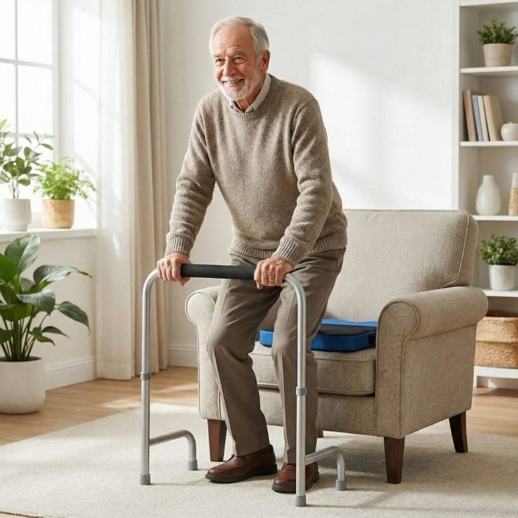 Senior using a standing support device to rise from a chair 