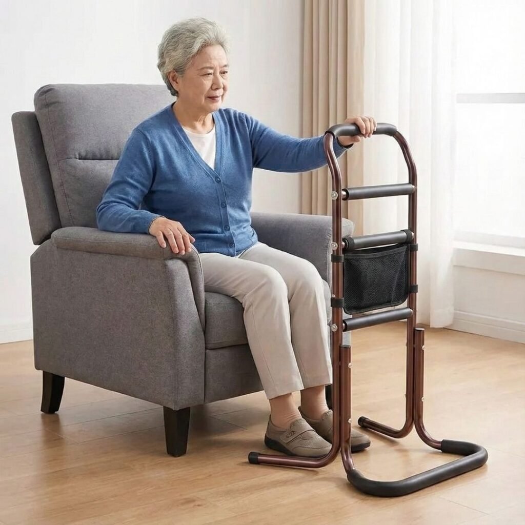 Senior preparing a safe environment before standing using a mobility aid