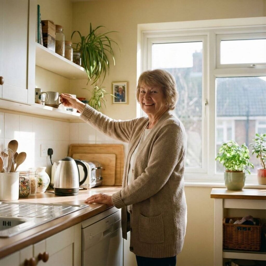 Senior standing confidently and enjoying improved mobility at home 